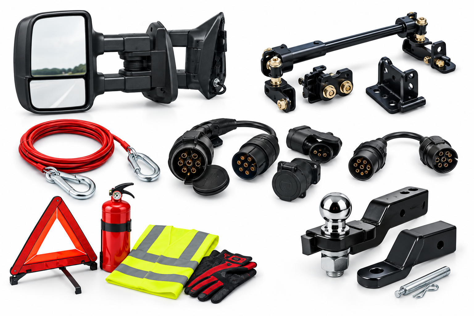 A collection of automotive towing and safety equipment, including a side mirror, tow hitches, electrical connectors, a tow strap, and safety gear, is arranged on a white background