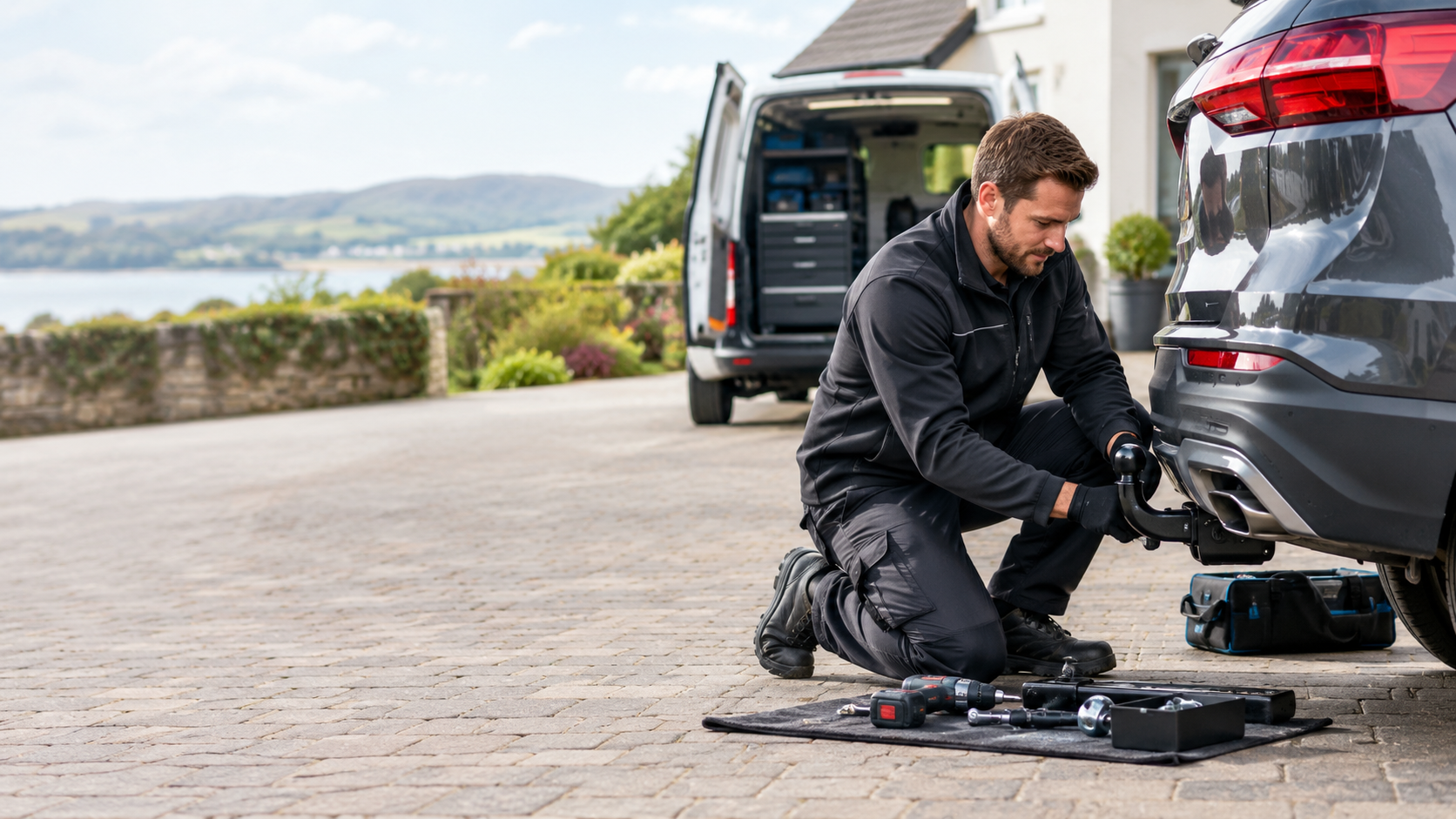 A technician fitting a towbar to a car with a mobile service van in the background, overlooking a scenic bay.